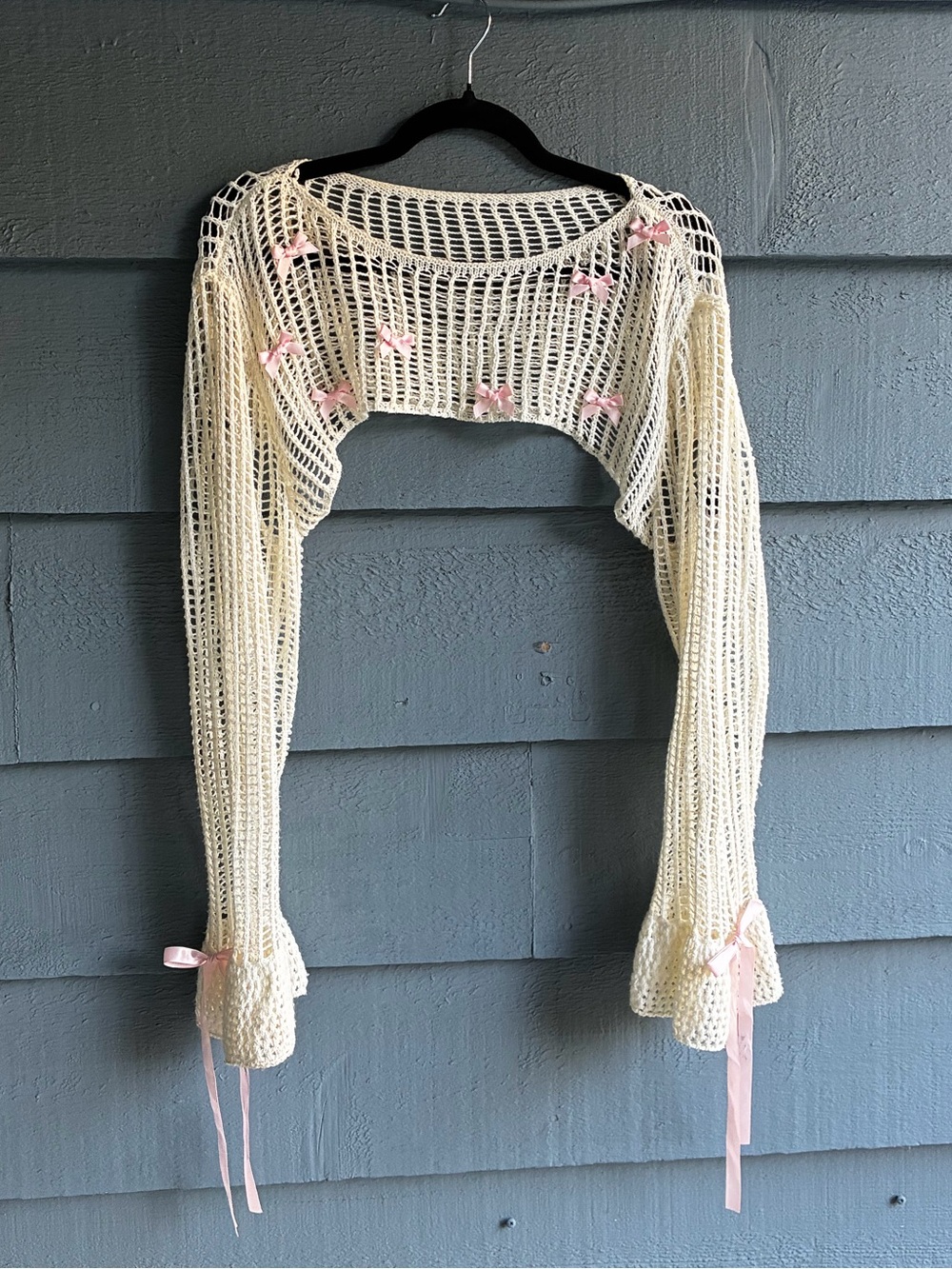 Cider Coquette Cream Crochet Bolero Shrug with Pink Ribbon Accents